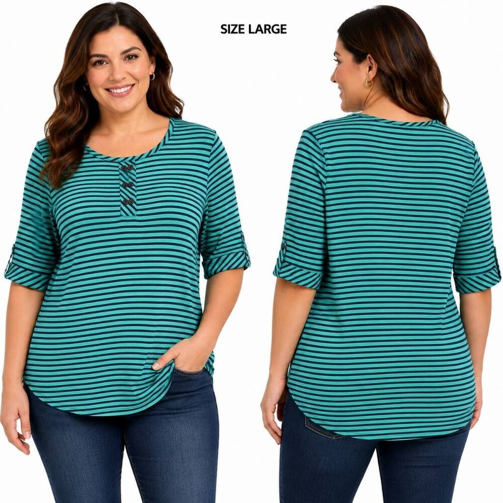 Appleseed's Stripe Button Accent Cotton Top Large